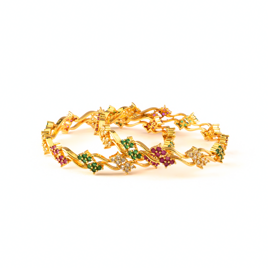 RGW Ruby, Green & White AD bangles in 24K gold plated finish with sparkling American diamond (AD) stones – view 2 of 4