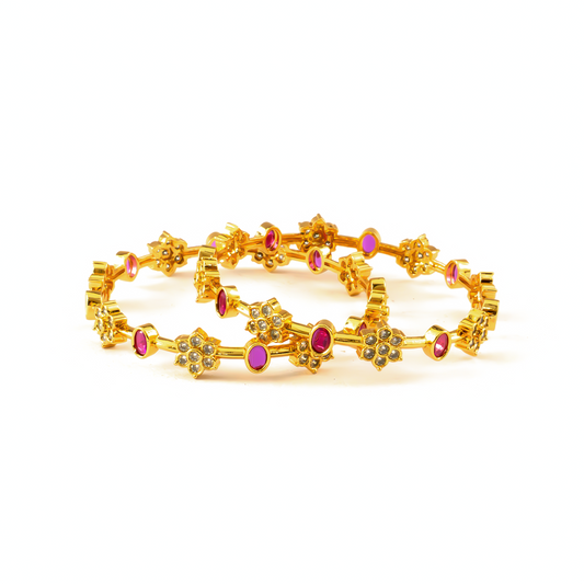 Luxe Ruby & White AD bangles in 24K gold plated finish with ruby & white American diamond (AD) stones – view 2 of 4