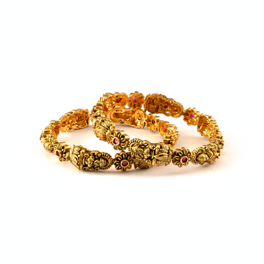 Divine Lakshmi Ruby & Emerald bangles in 24K gold plated finish with ruby & emerald-green stones – view 2 of 8