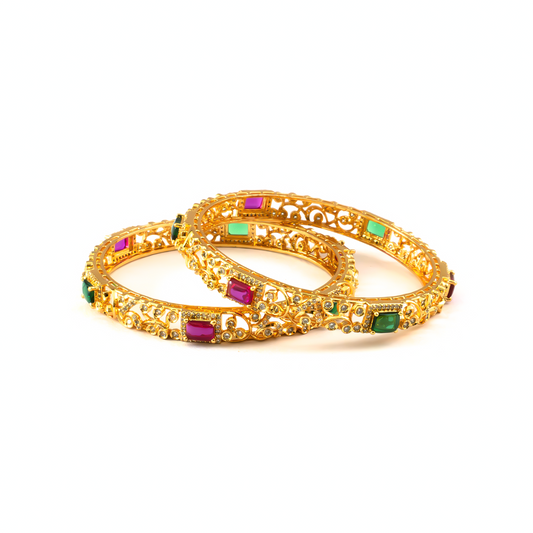 Royal Ruby & American Diamond bangles in gold plated finish with ruby & white American diamond (AD) stones – view 2 of 4