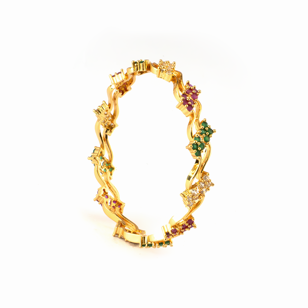 RGW Ruby, Green & White AD bangles in 24K gold plated finish with sparkling American diamond (AD) stones