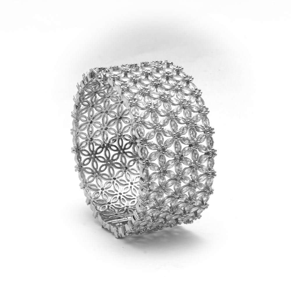 Broad Openable White AD kada in silver plated finish with sparkling American diamond (AD) stones