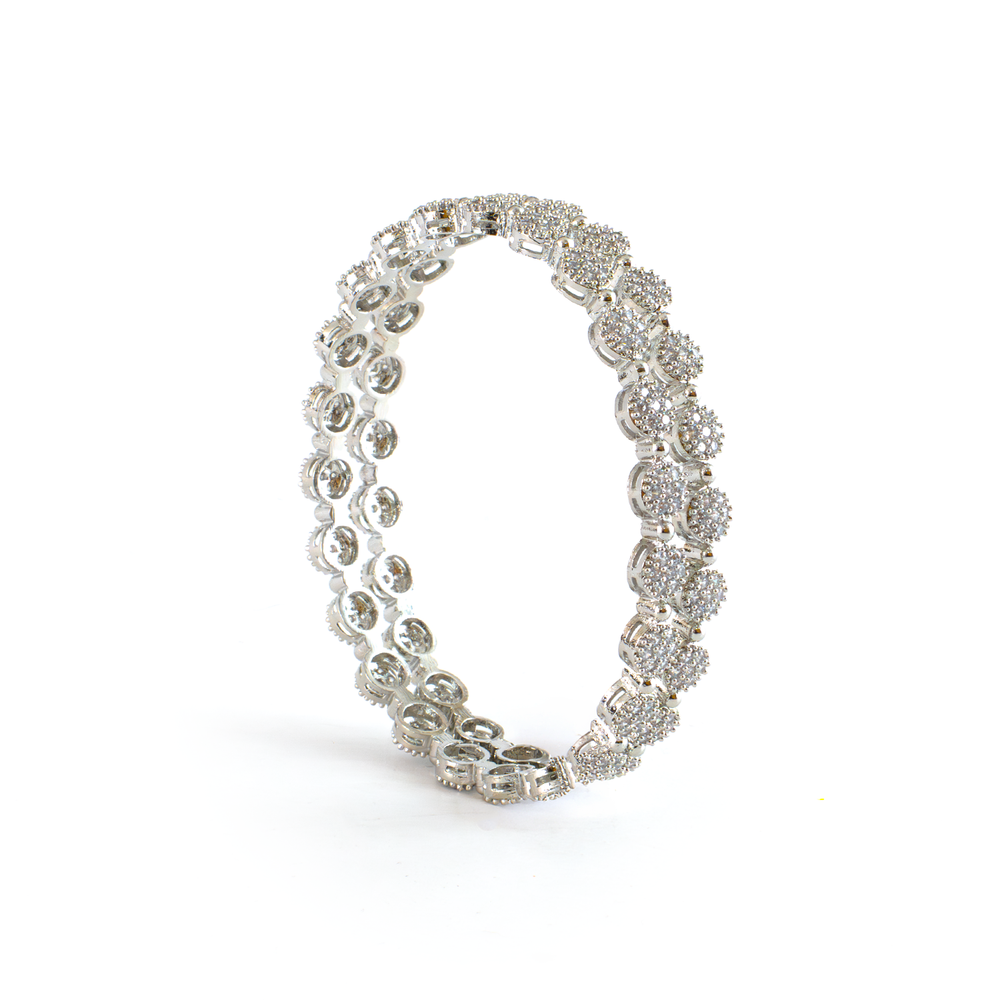 Round Daisy Zirconia Stone Studded bangles in silver plated finish with cubic zirconia (CZ) stones