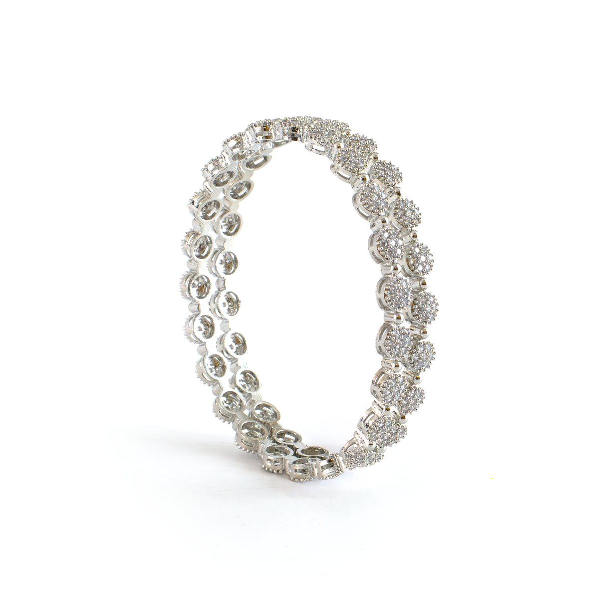 Round Daisy Zirconia Stone Studded bangles in silver plated finish with cubic zirconia (CZ) stones