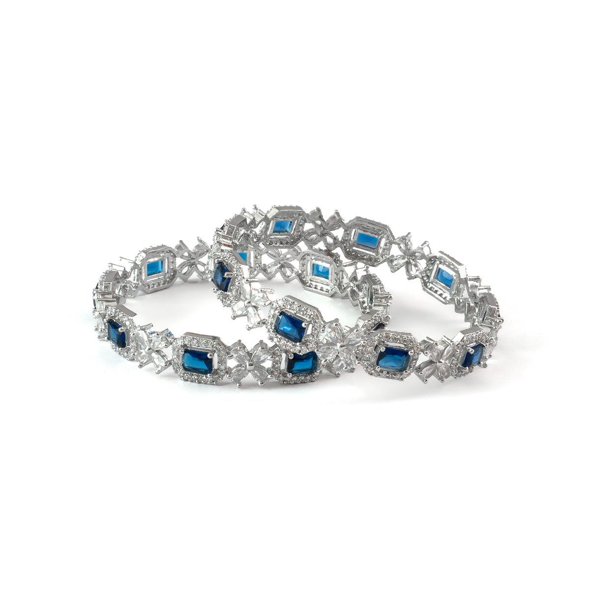 Blue Cubic Stone AD Floral bangles in silver plated finish with sparkling American diamond (AD) stones – view 18 of 24