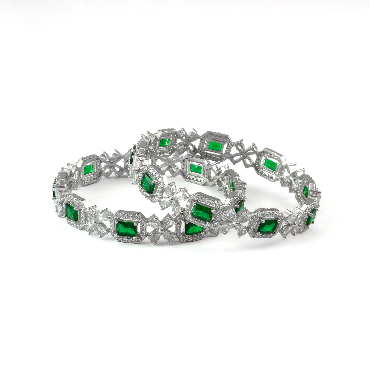 Blue Cubic Stone AD Floral bangles in silver plated finish with sparkling American diamond (AD) stones – view 2 of 24
