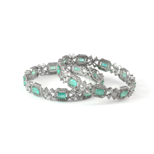 Blue Cubic Stone AD Floral bangles in silver plated finish with sparkling American diamond (AD) stones – view 10 of 24