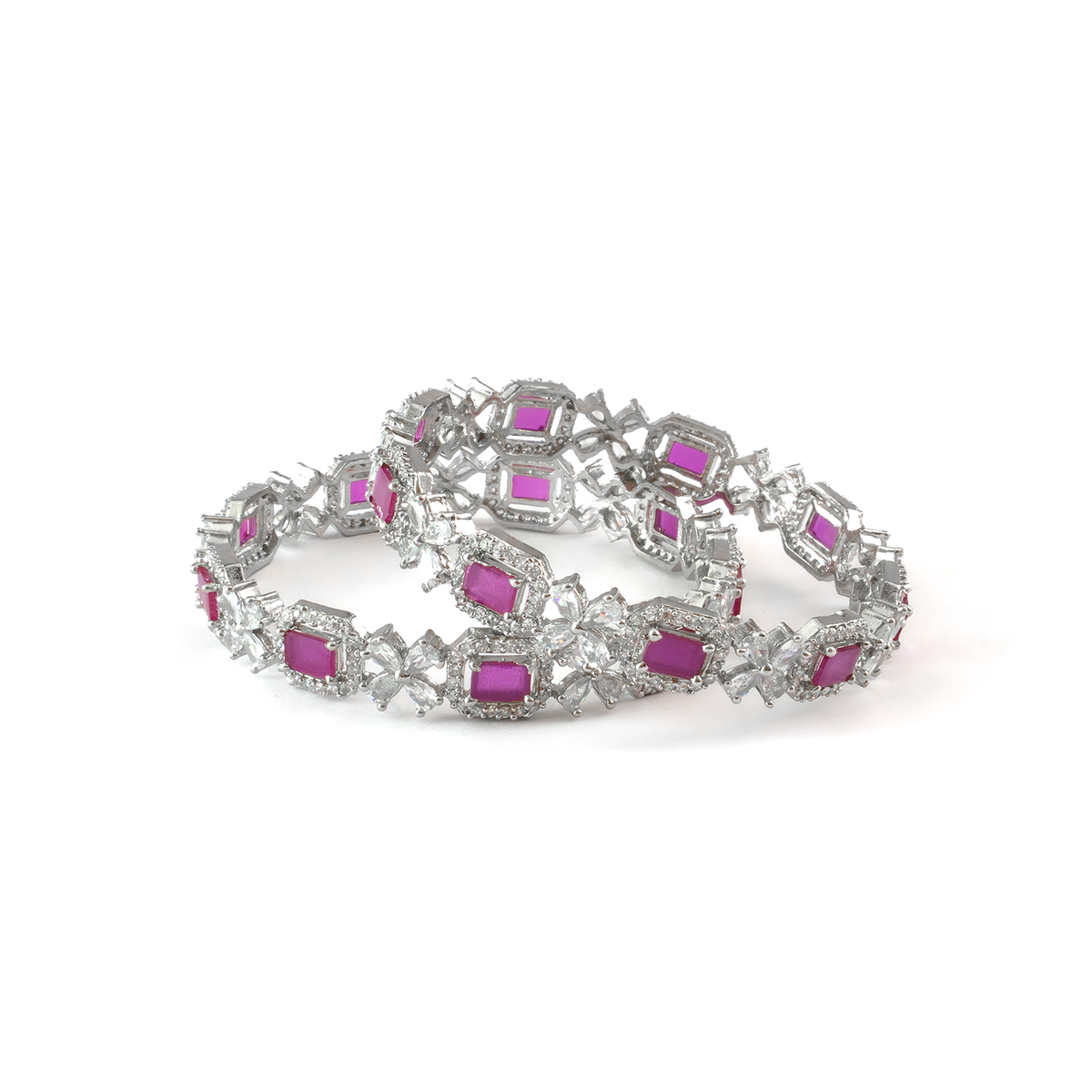 Blue Cubic Stone AD Floral bangles in silver plated finish with sparkling American diamond (AD) stones – view 22 of 24