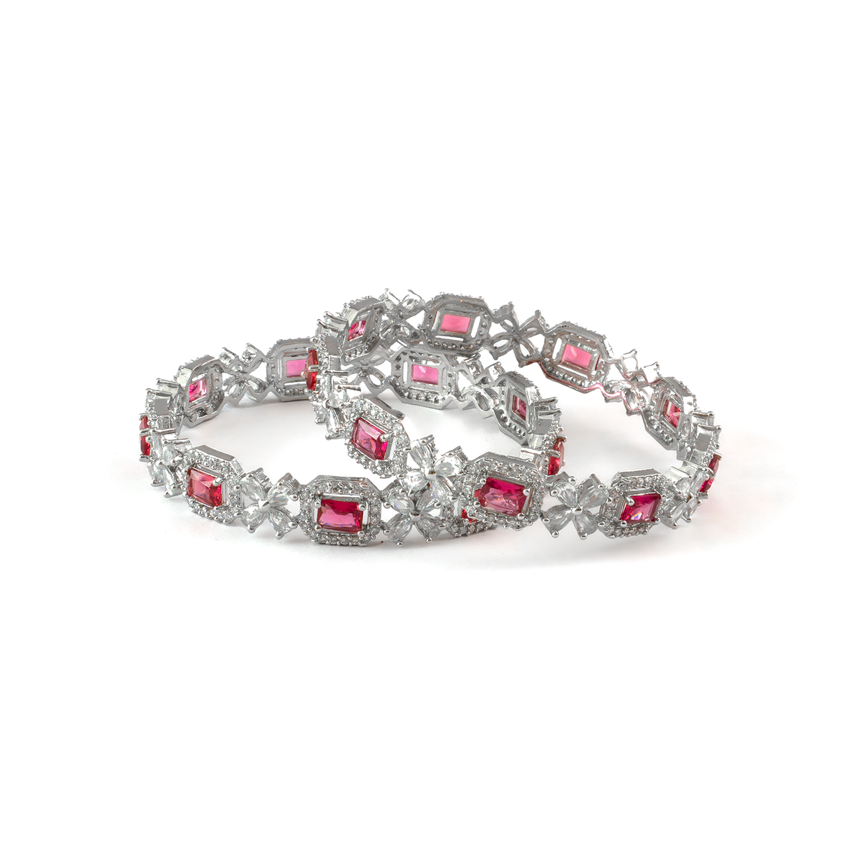 Blue Cubic Stone AD Floral bangles in silver plated finish with sparkling American diamond (AD) stones – view 14 of 24