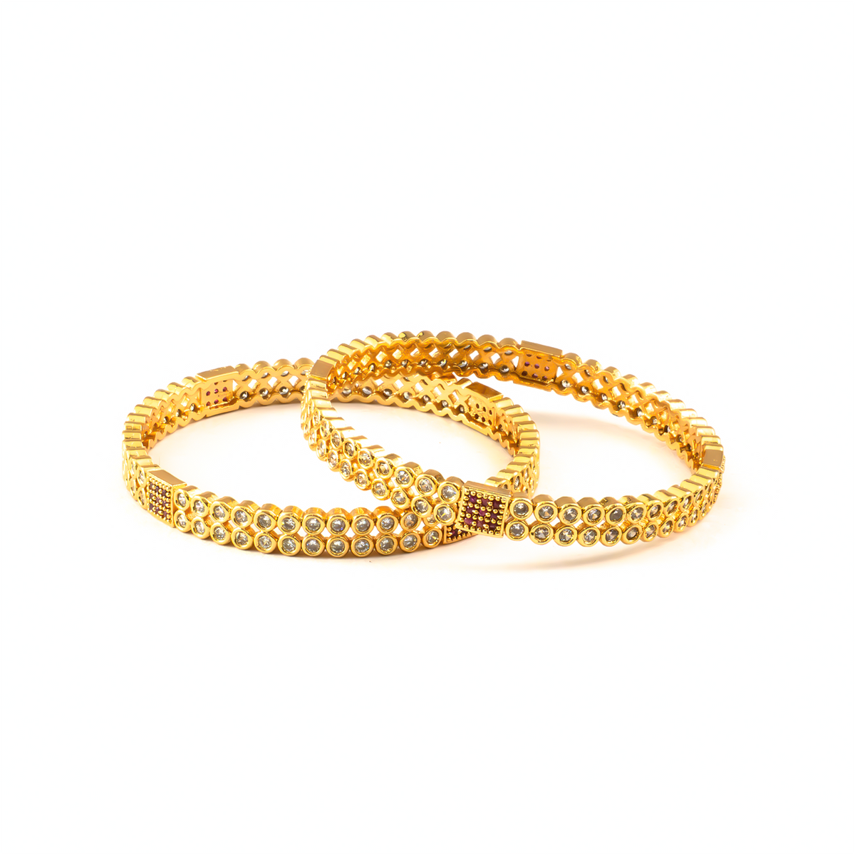 Rani Ruby AD bangles in 24K gold plated finish with ruby & white American diamond (AD) stones – view 2 of 4