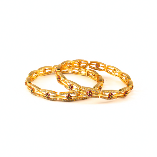 Kundan & CZ Multicolour bangles in 24K gold plated finish with kundan, CZ and red & green stones – view 2 of 4
