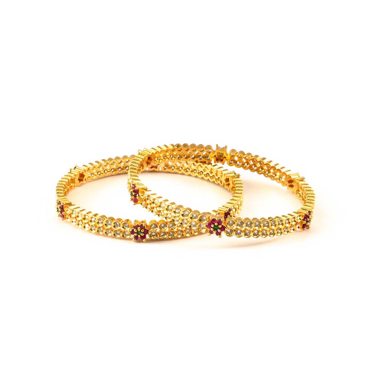 Opulent Ruby & White AD bangles in gold plated finish with ruby & white American diamond (AD) stones – view 2 of 4