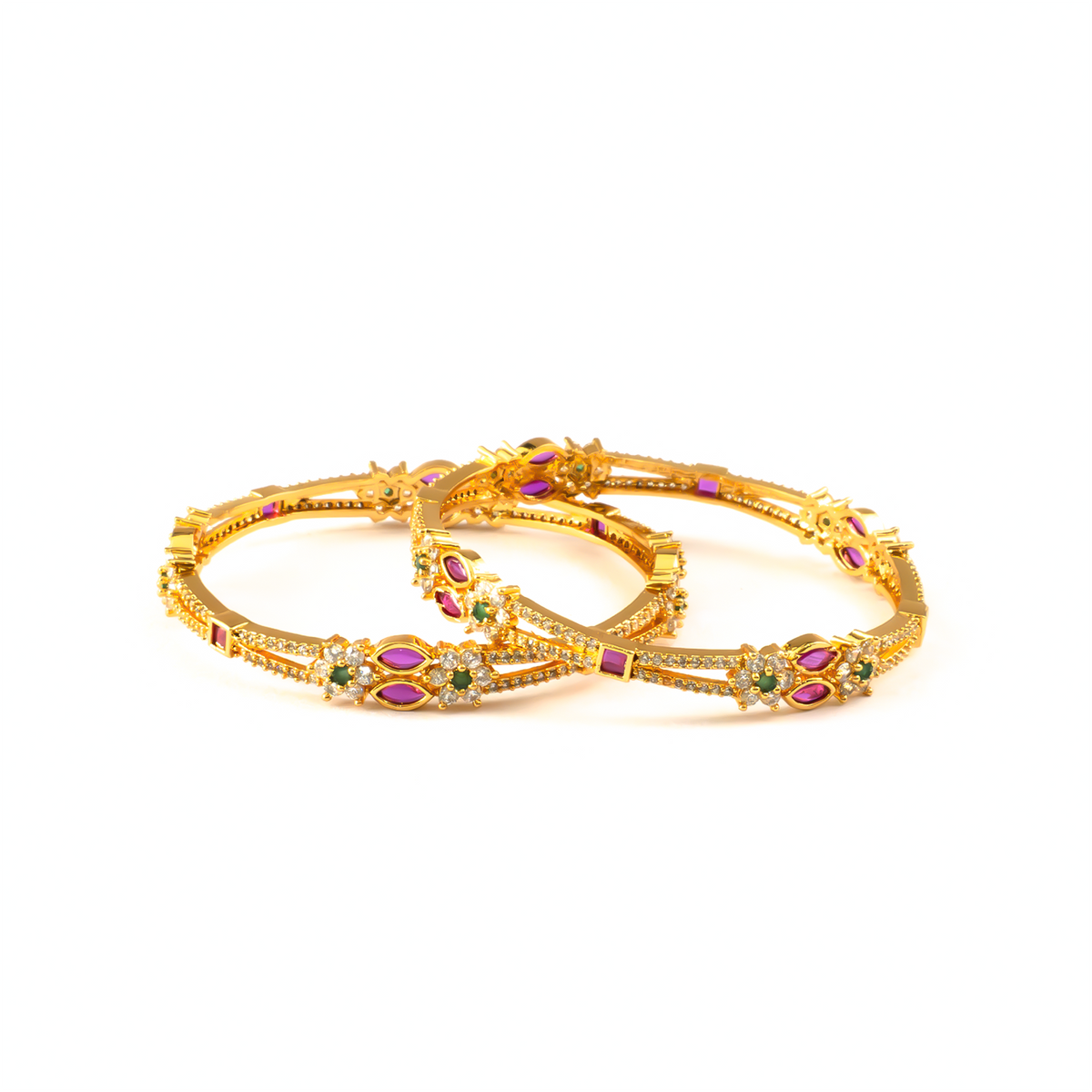 Signature Ruby & White AD bangles in 24K gold plated finish with ruby & white American diamond (AD) stones – view 2 of 4