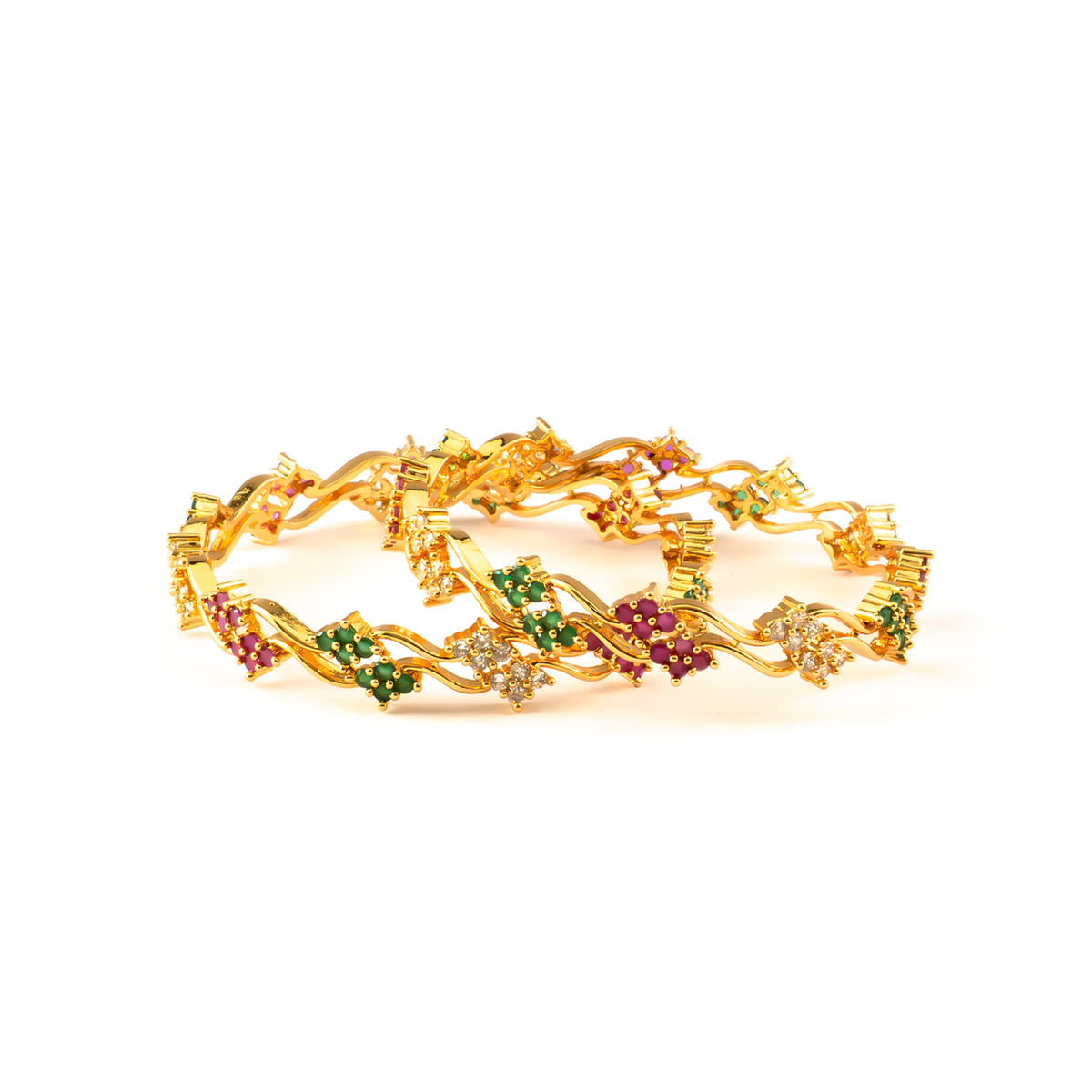 RGW Ruby, Green & White AD bangles in 24K gold plated finish with sparkling American diamond (AD) stones – view 2 of 4
