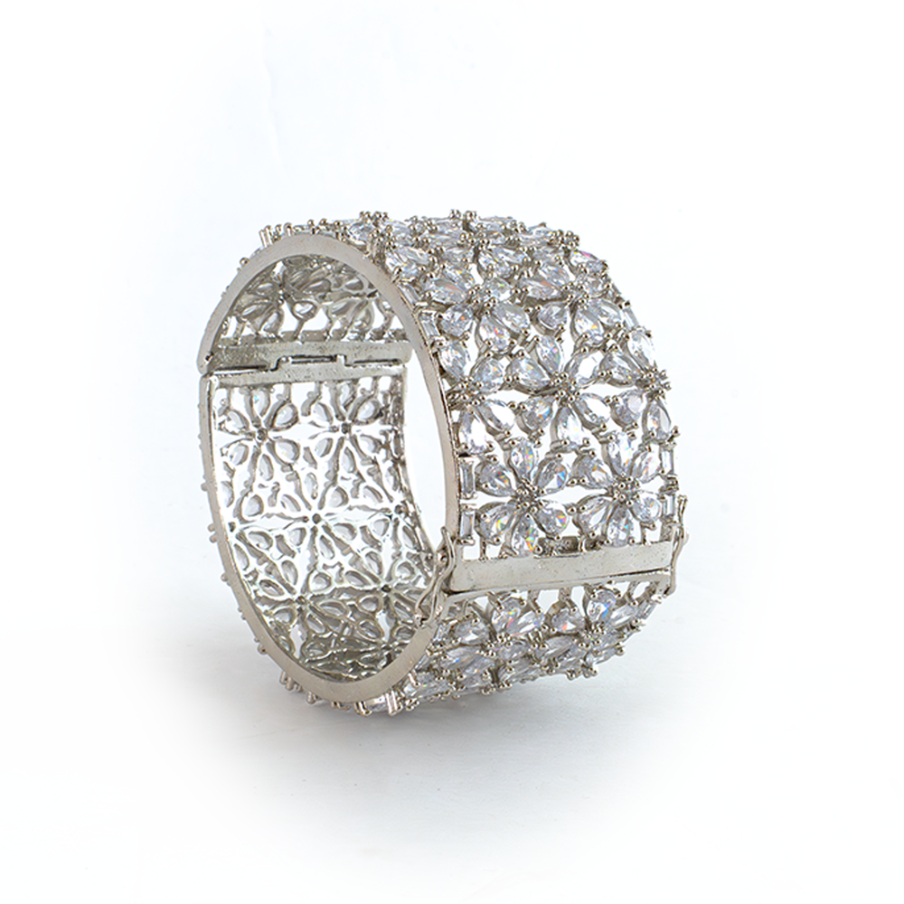 AAA CZ Openable kada bracelet in silver plated finish with cubic zirconia (CZ) stones