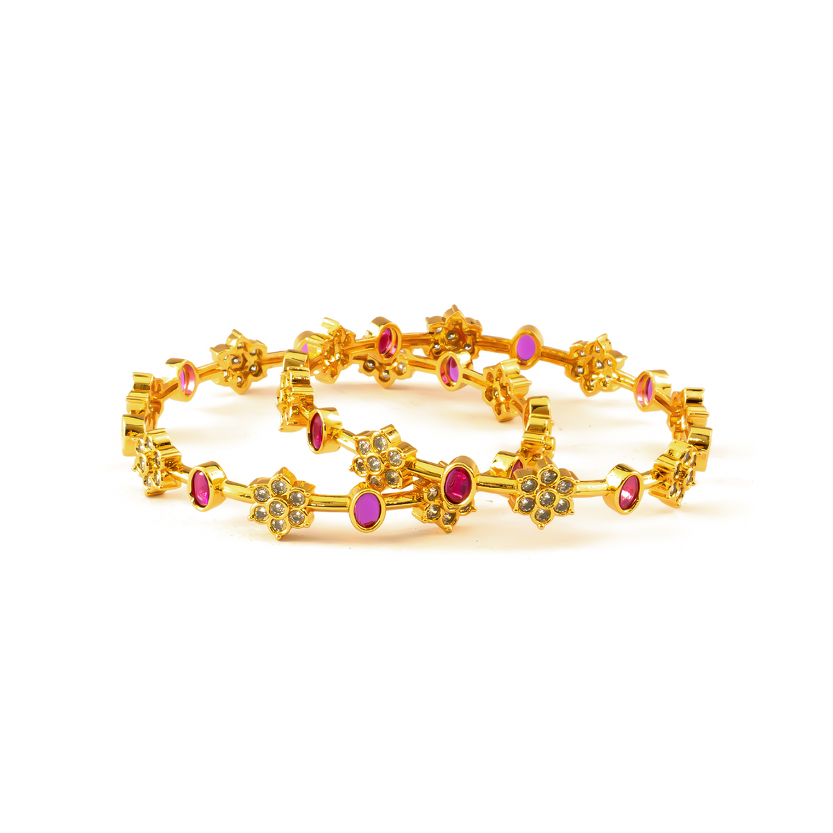 Luxe Ruby & White AD bangles in 24K gold plated finish with ruby & white American diamond (AD) stones – view 2 of 4