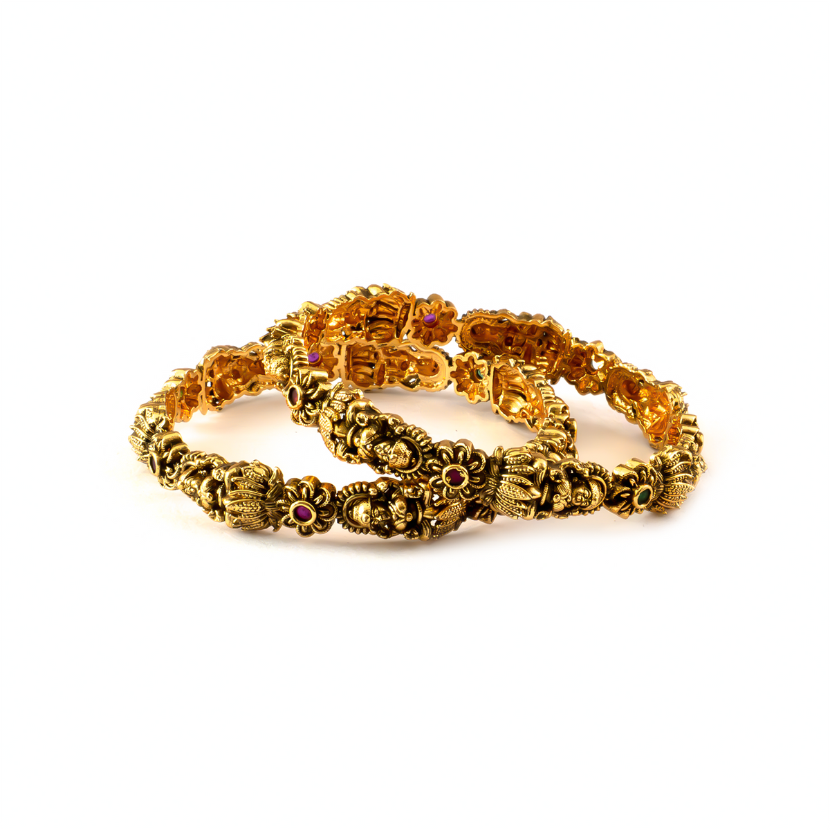 Divine Lakshmi Ruby & Emerald bangles in 24K gold plated finish with ruby & emerald-green stones – view 6 of 8