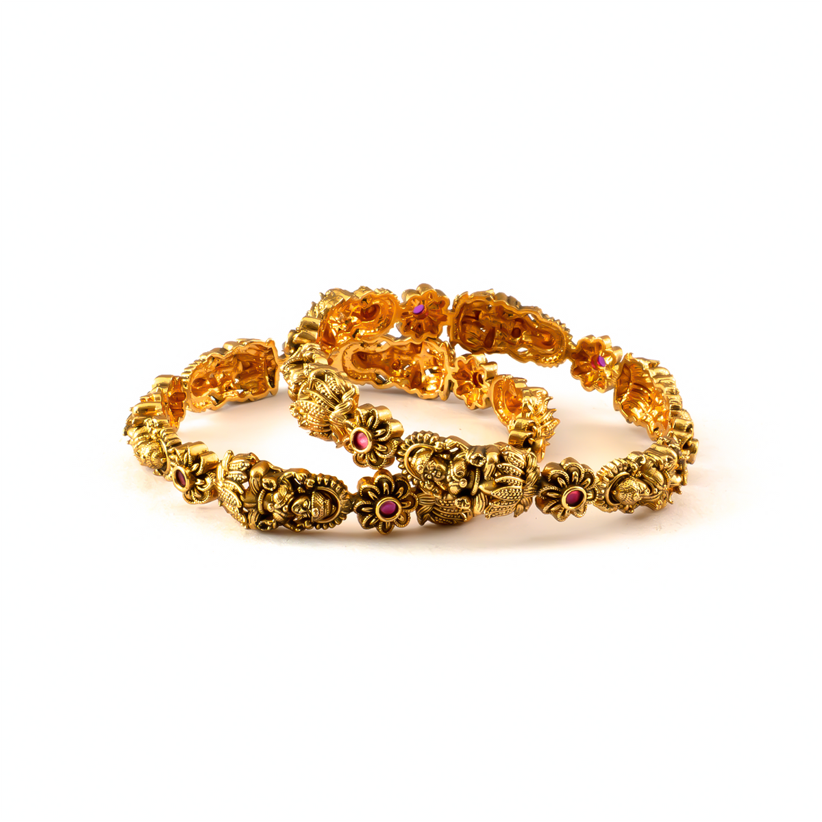 Divine Lakshmi Ruby & Emerald bangles in 24K gold plated finish with ruby & emerald-green stones – view 2 of 8