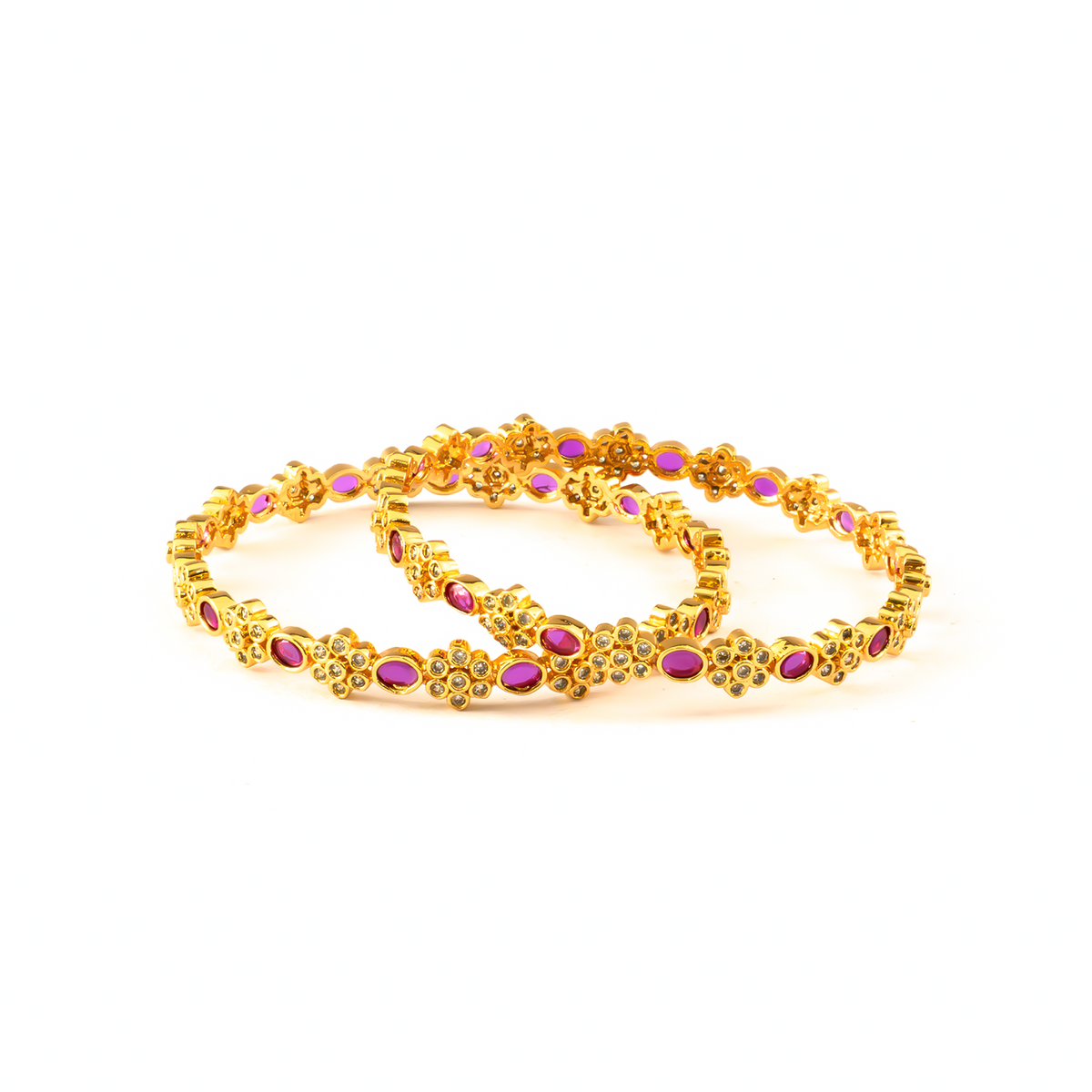 Modern Classic Ruby & White AD bangles in gold plated finish with ruby & white American diamond (AD) stones – view 2 of 4