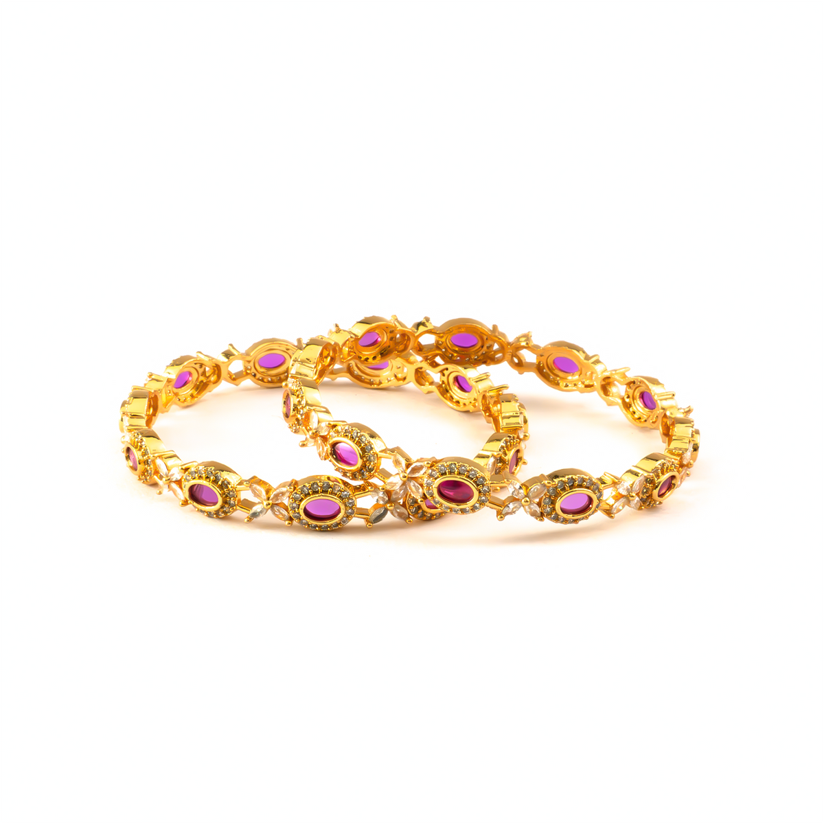 Geometric Ruby & White AD bangles in gold plated finish with ruby & white American diamond (AD) stones – view 2 of 4