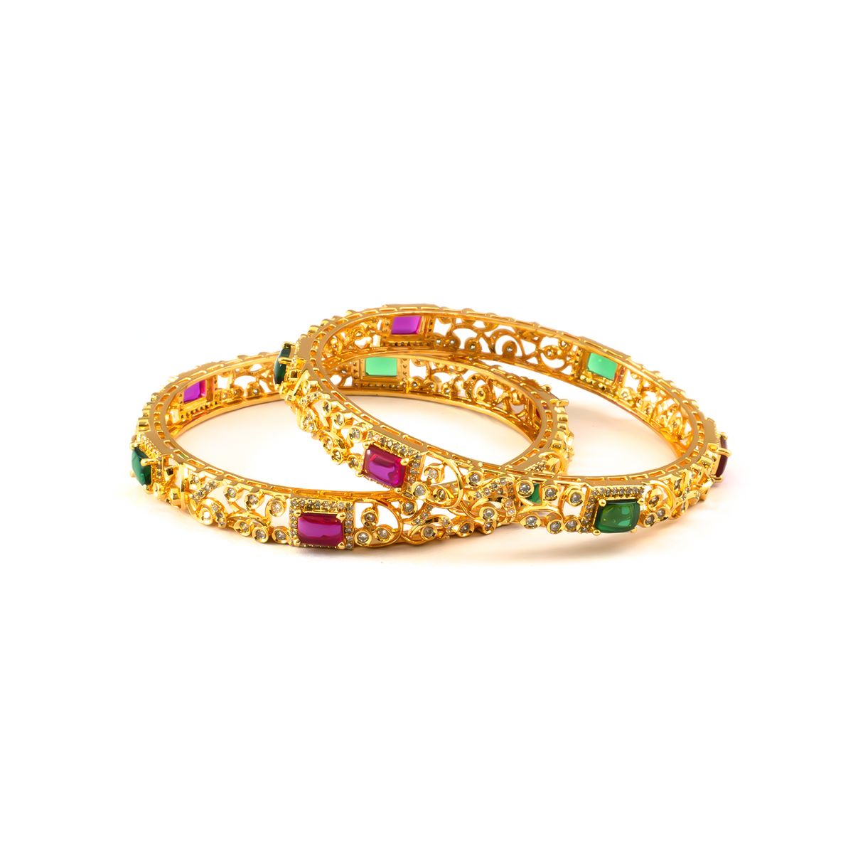 Royal Ruby & American Diamond bangles in gold plated finish with ruby & white American diamond (AD) stones – view 2 of 4