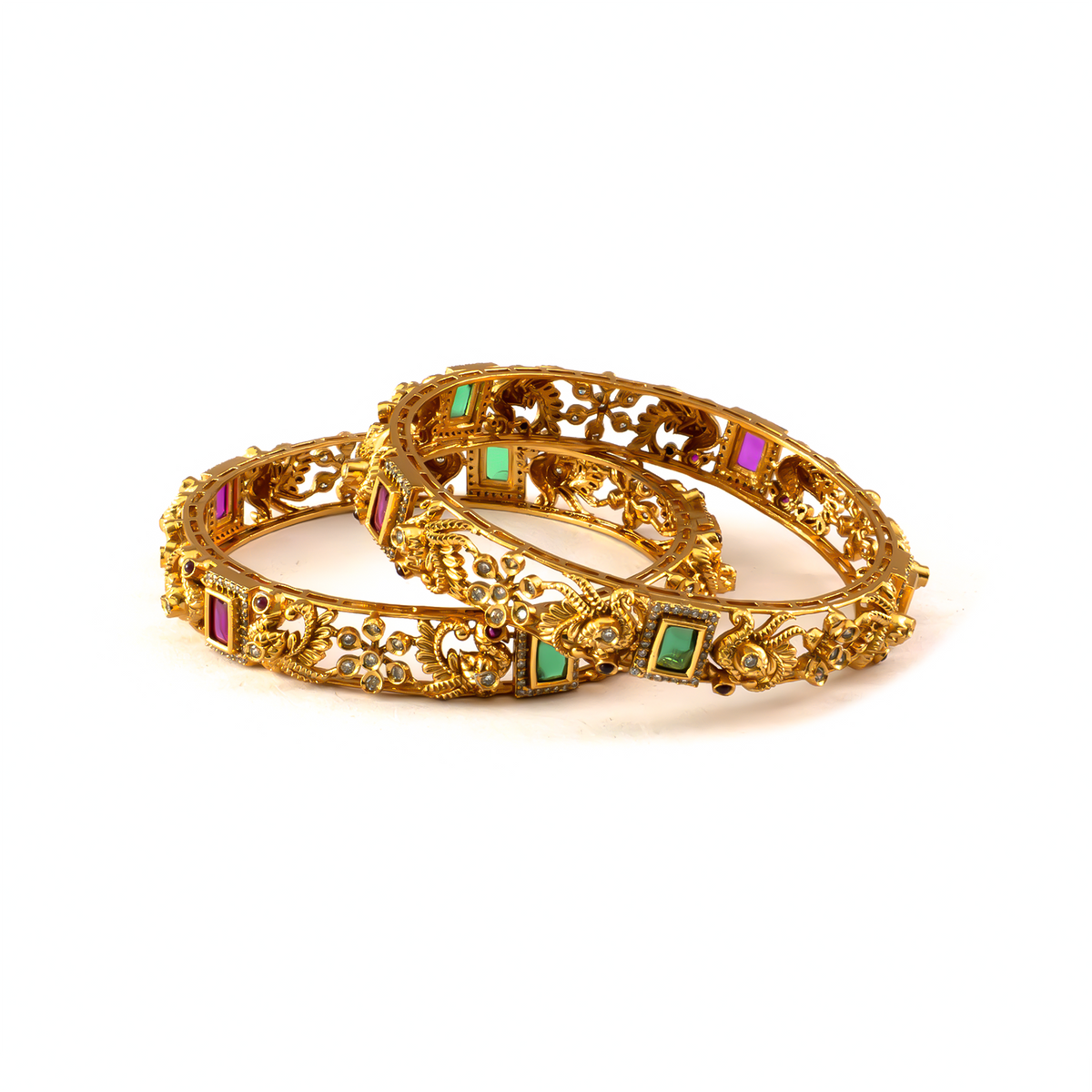 Peacock Motif Ruby & Green bangles in 24K gold plated finish with ruby & emerald-green stones – view 2 of 4