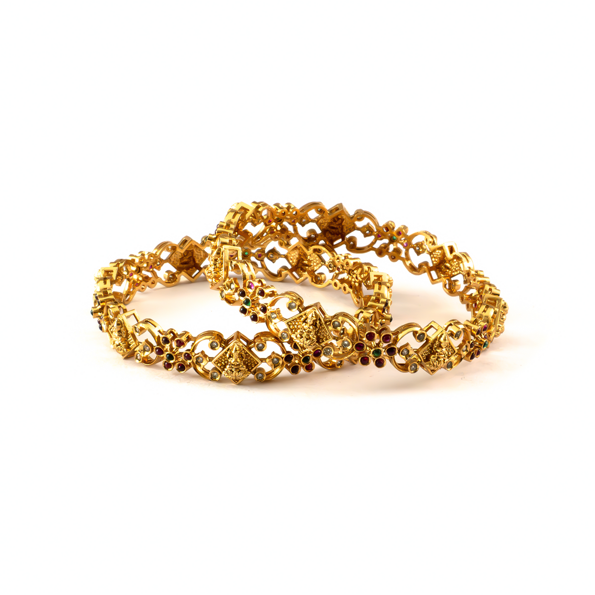 Lakshmi Parampara Ruby & Green bangles in 24K gold plated finish with ruby & emerald-green stones – view 2 of 4