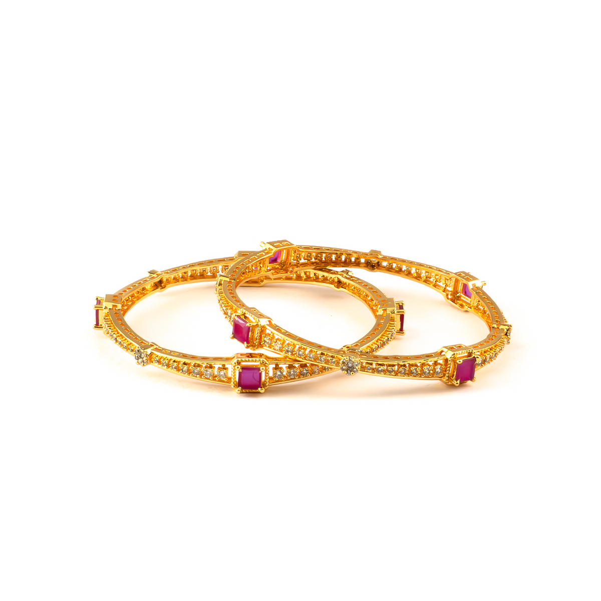 Ruby & White AD Stone bangles in 24K gold plated finish with ruby & white American diamond (AD) stones – view 2 of 4