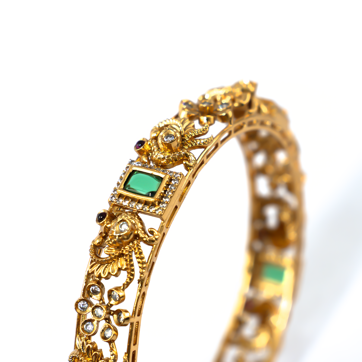Peacock Motif Ruby & Green bangles in 24K gold plated finish with ruby & emerald-green stones – view 4 of 4