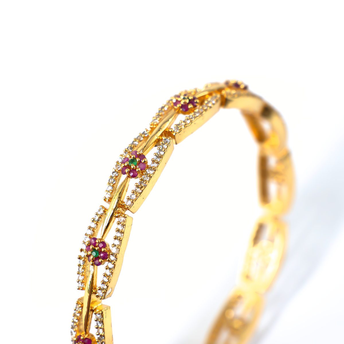 Kundan & CZ Multicolour bangles in 24K gold plated finish with kundan, CZ and red & green stones – view 4 of 4