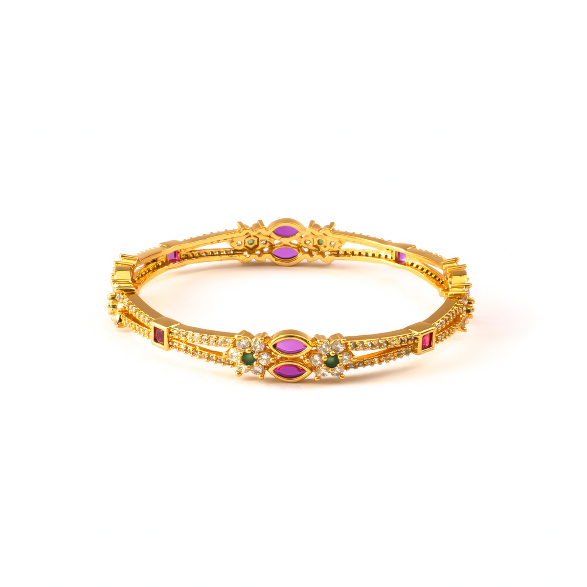 Signature Ruby & White AD bangles in 24K gold plated finish with ruby & white American diamond (AD) stones – view 3 of 4