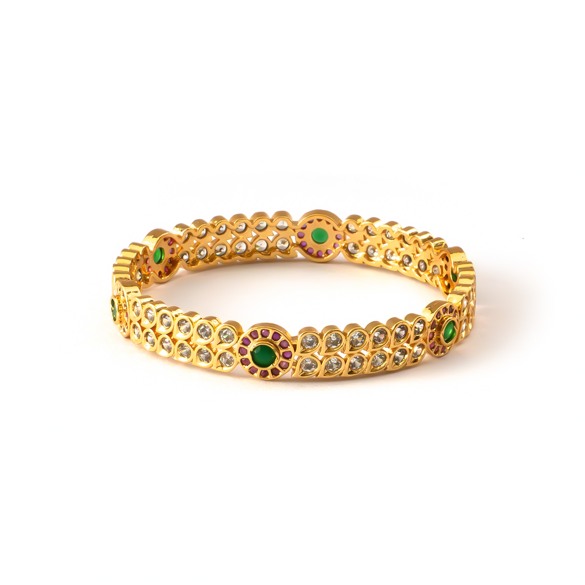 Ruby & White Diamond-Style AD bangles in gold plated finish with ruby & white American diamond (AD) stones – view 3 of 4