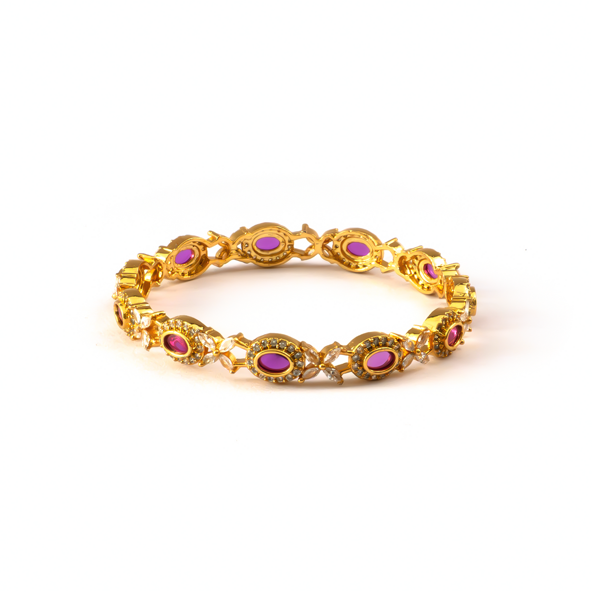 Geometric Ruby & White AD bangles in gold plated finish with ruby & white American diamond (AD) stones – view 3 of 4