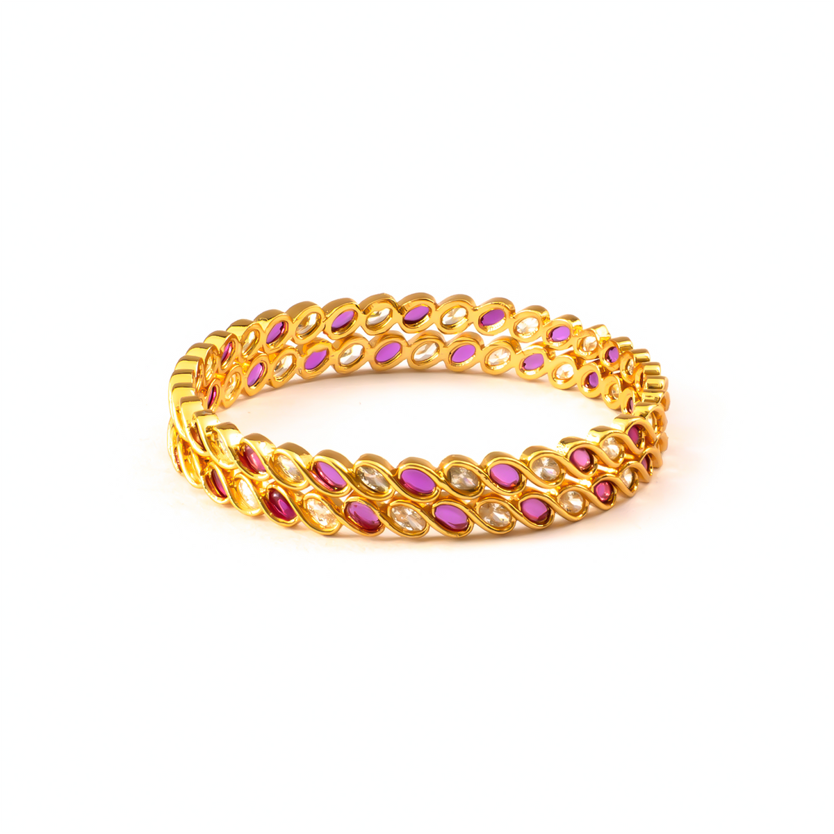 Artisan Ruby & White AD bangles in gold plated finish with ruby & white American diamond (AD) stones – view 3 of 4