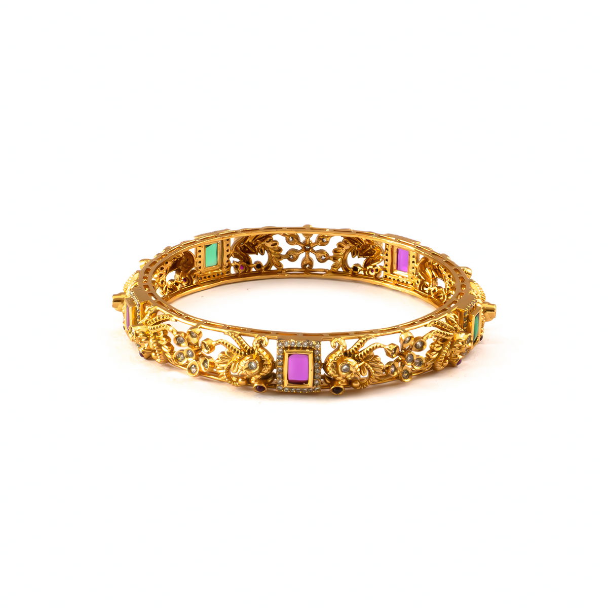 Peacock Motif Ruby & Green bangles in 24K gold plated finish with ruby & emerald-green stones – view 3 of 4