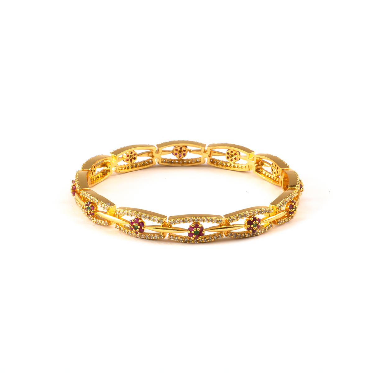 Kundan & CZ Multicolour bangles in 24K gold plated finish with kundan, CZ and red & green stones – view 3 of 4