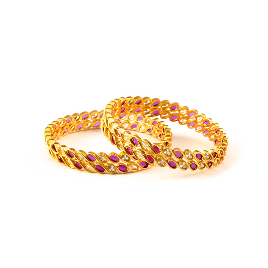 Artisan Ruby & White AD bangles in gold plated finish with ruby & white American diamond (AD) stones – view 2 of 4