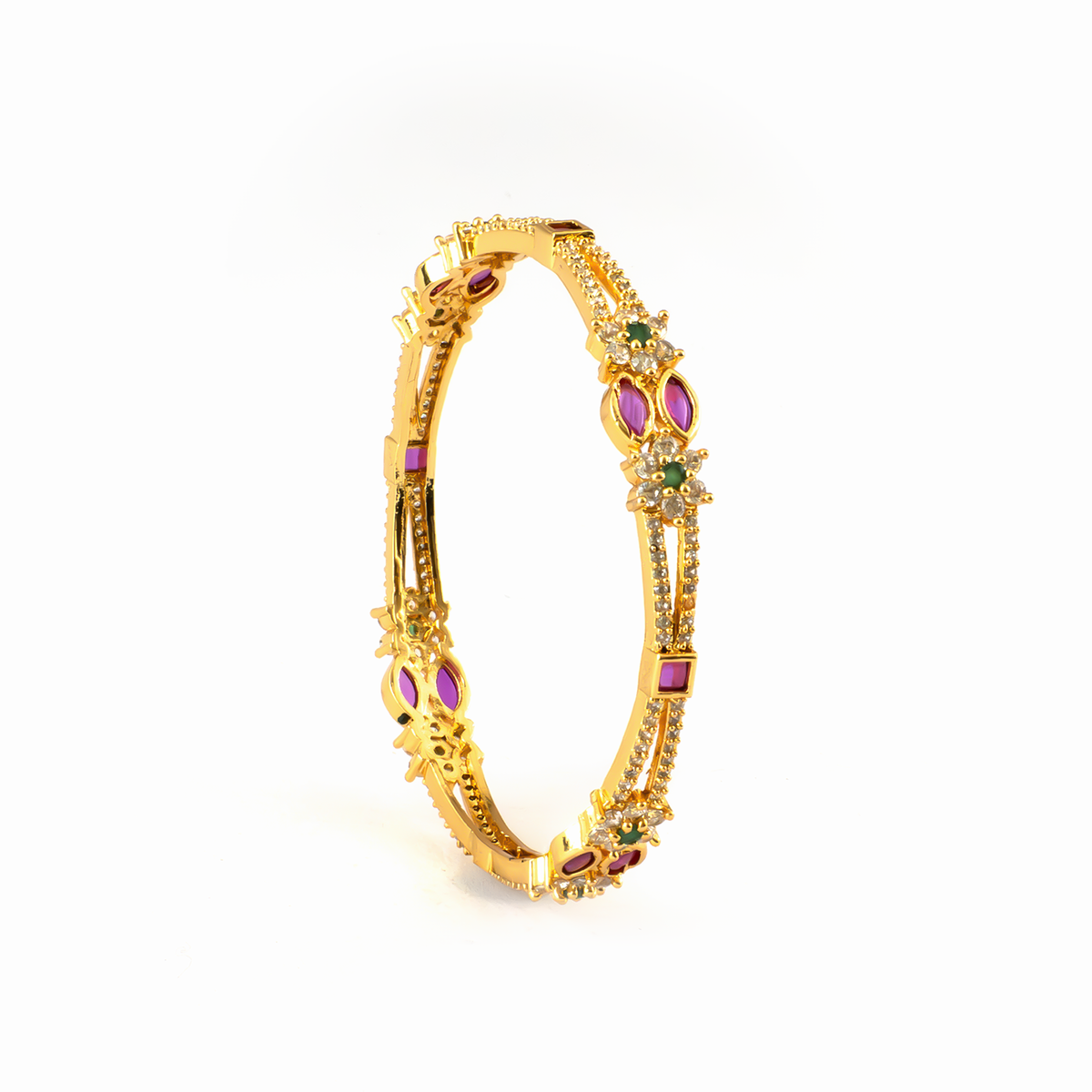 Signature Ruby & White AD bangles in 24K gold plated finish with ruby & white American diamond (AD) stones