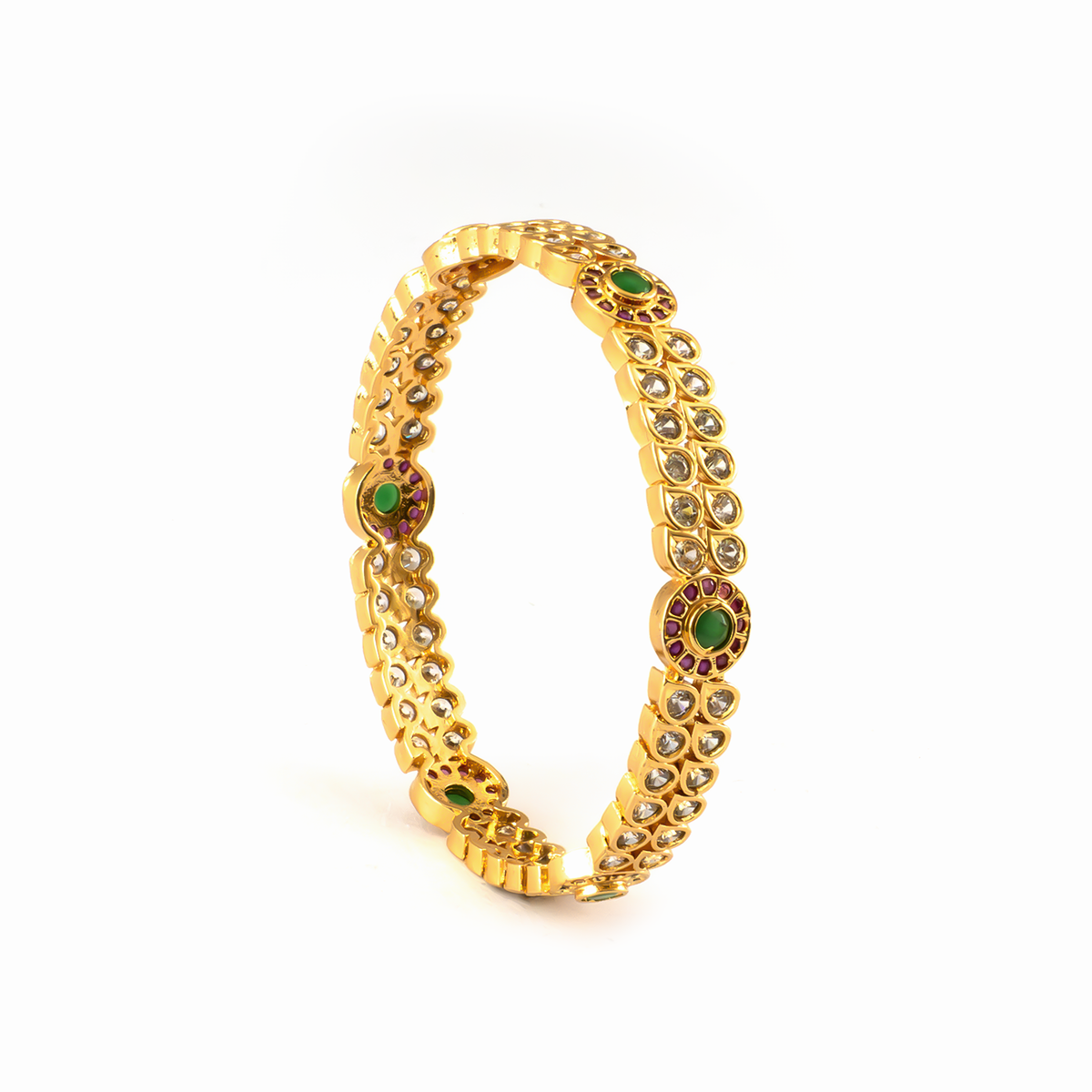 Ruby & White Diamond-Style AD bangles in gold plated finish with ruby & white American diamond (AD) stones