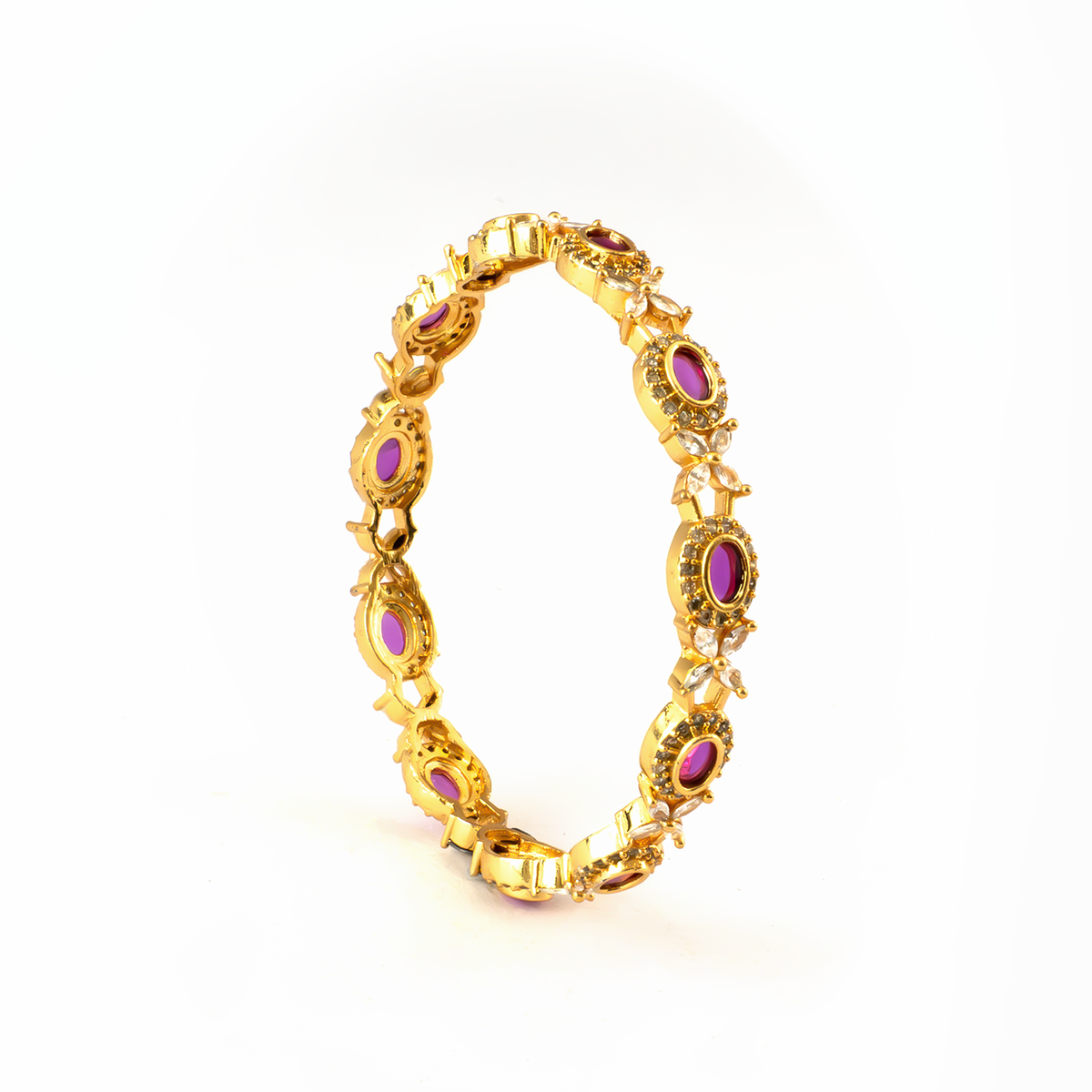 Geometric Ruby & White AD bangles in gold plated finish with ruby & white American diamond (AD) stones