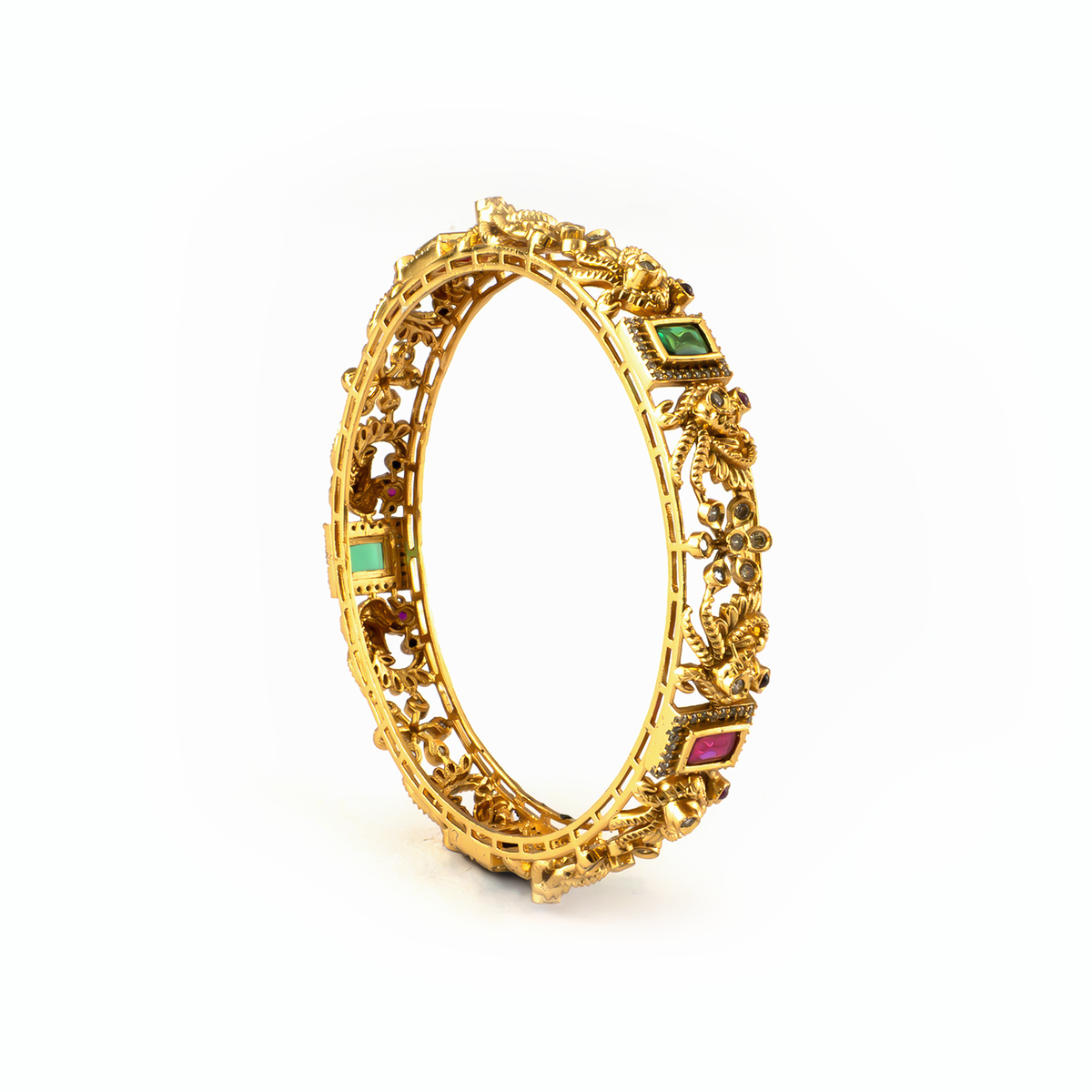 Peacock Motif Ruby & Green bangles in 24K gold plated finish with ruby & emerald-green stones