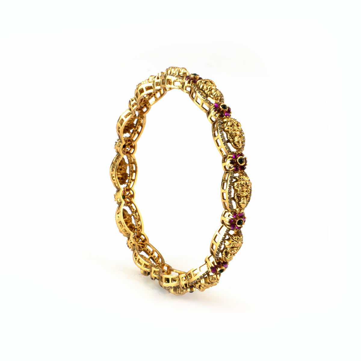 Devangana Ruby-Emerald kada in 24K gold plated finish with ruby & emerald-green stones