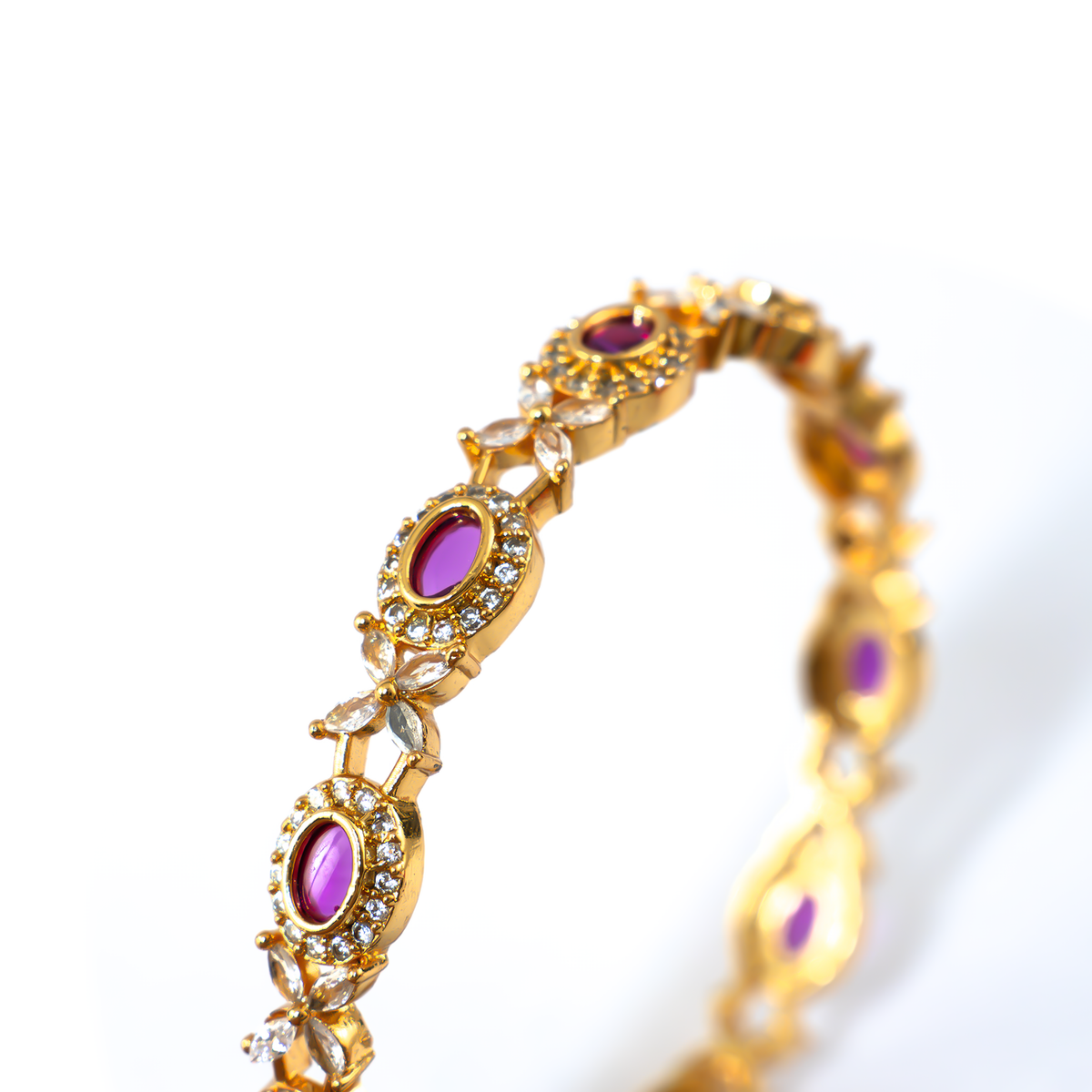 Geometric Ruby & White AD bangles in gold plated finish with ruby & white American diamond (AD) stones – view 4 of 4